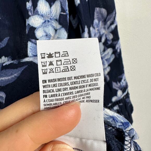 American Eagle Blue Chiffon Floral Ruffle Hem Button Down Blouse - Picture 6 of 8